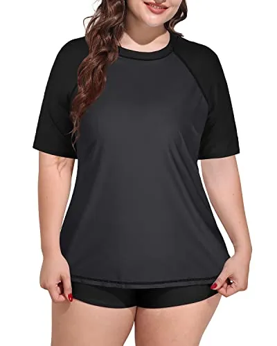 Short Sleeved Women's Plus Size Rash Guard Swimsuit With Boyshorts-Grey And Black