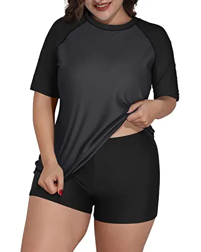 Short Sleeved Women's Plus Size Rash Guard Swimsuit With Boyshorts-Grey And Black