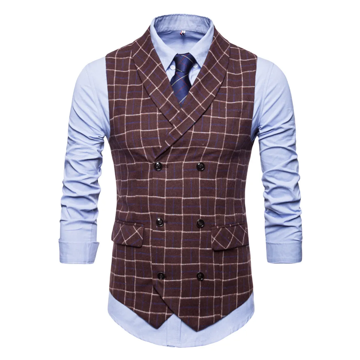 Slim Fit Double Breasted Plaid Coffee Vest