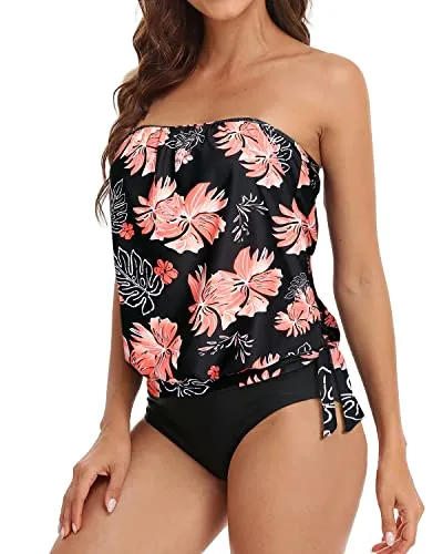 Strapless Bandeau Tankini Sets For Women-Black Orange Floral