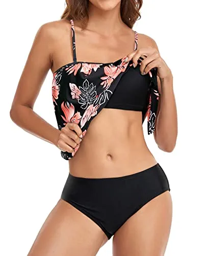 Strapless Bandeau Tankini Sets For Women-Black Orange Floral