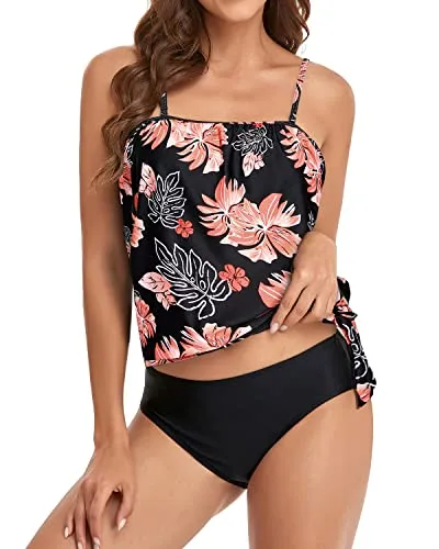 Strapless Bandeau Tankini Sets For Women-Black Orange Floral