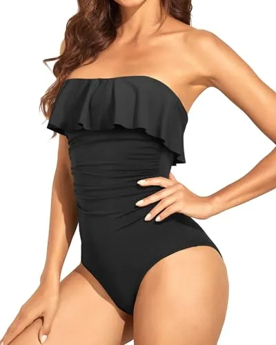 Strapless One Piece Swimsuits for Women Tummy Control Bandeau Bathing Suits Ruffle Slimming Swimwear