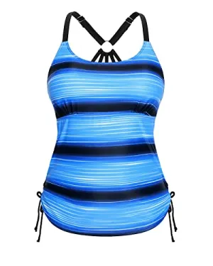 Stylish And Trendy Strappy Racerback Tankini Swim Top Only-Black And Blue Stripes