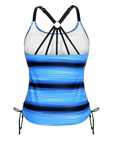 Stylish And Trendy Strappy Racerback Tankini Swim Top Only-Black And Blue Stripes