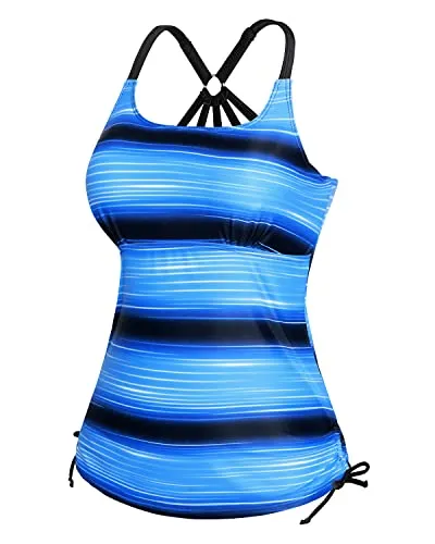 Stylish And Trendy Strappy Racerback Tankini Swim Top Only-Black And Blue Stripes