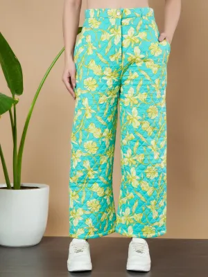 Turquoise Floral Quilted Trouser for Women