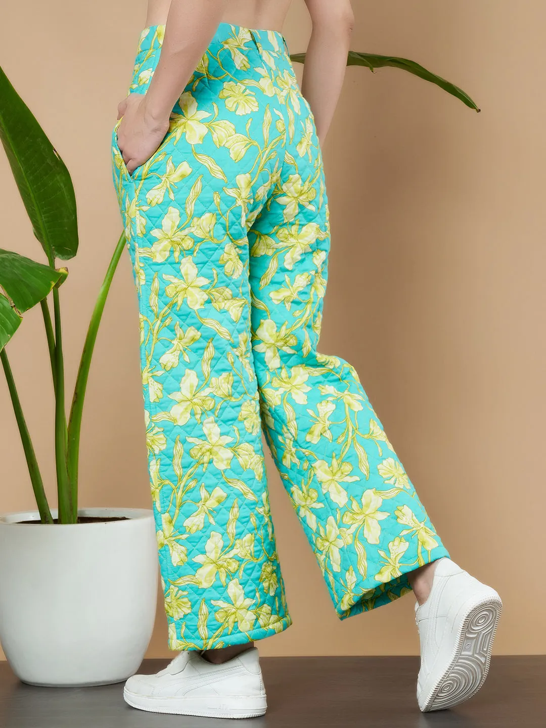 Turquoise Floral Quilted Trouser for Women