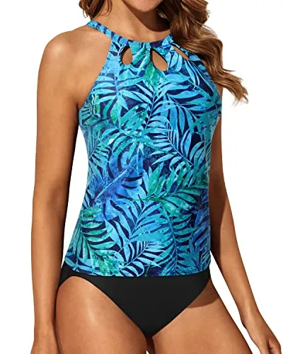 Two Piece High Neck Sexy Tankini Swimsuits For Women-Dark Blue Green Leaves