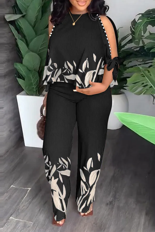 Vintage Leaf Print Slit Sleeve Pants Set