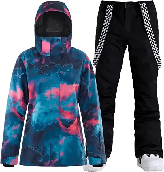 Women's Printed Snowboard Jacket & Bibs Pants Insulated Snowsuits