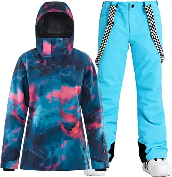 Women's Printed Snowboard Jacket & Bibs Pants Insulated Snowsuits