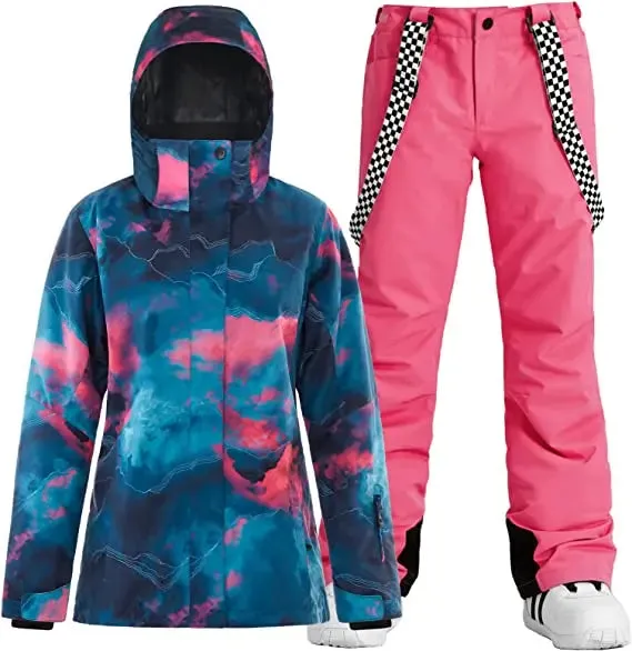 Women's Printed Snowboard Jacket & Bibs Pants Insulated Snowsuits