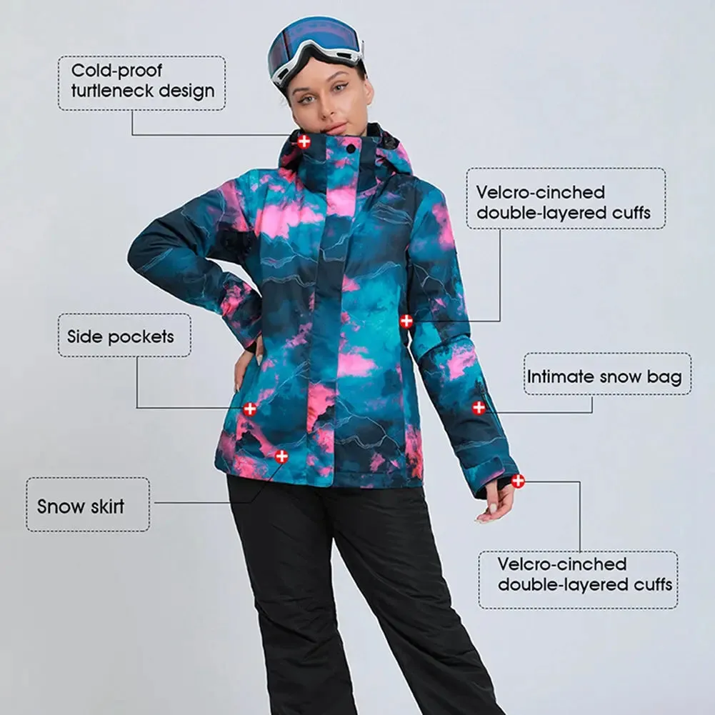 Women's Printed Snowboard Jacket & Bibs Pants Insulated Snowsuits