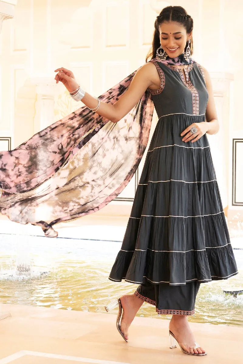 Zarin Grey Embroidered Tiered Kurta With Pant & Dupatta