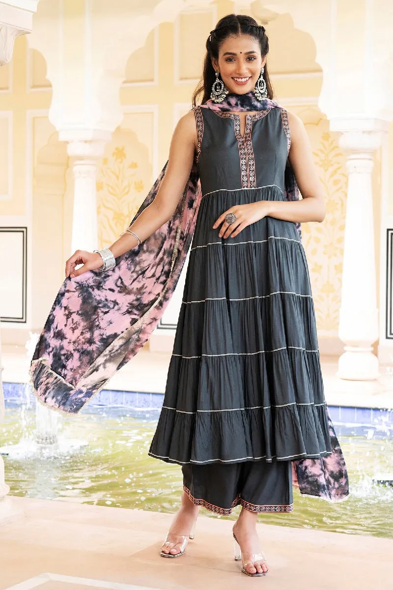 Zarin Grey Embroidered Tiered Kurta With Pant & Dupatta